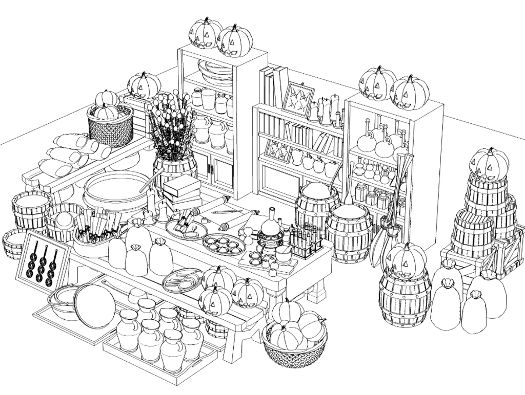 露店4/テント(魔女の店/薬屋/錬金窯/蝋燭 /スクロール/箒/かぼちゃ/樽/他)