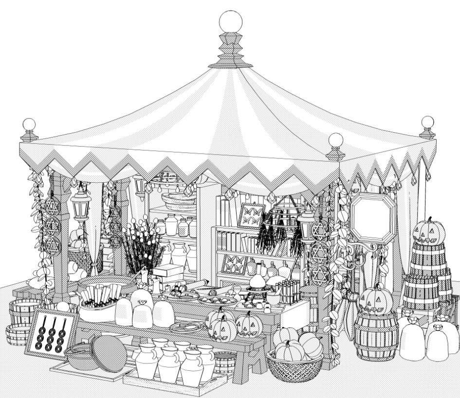 露店4/テント(魔女の店/薬屋/錬金窯/蝋燭 /スクロール/箒/かぼちゃ/樽/他)