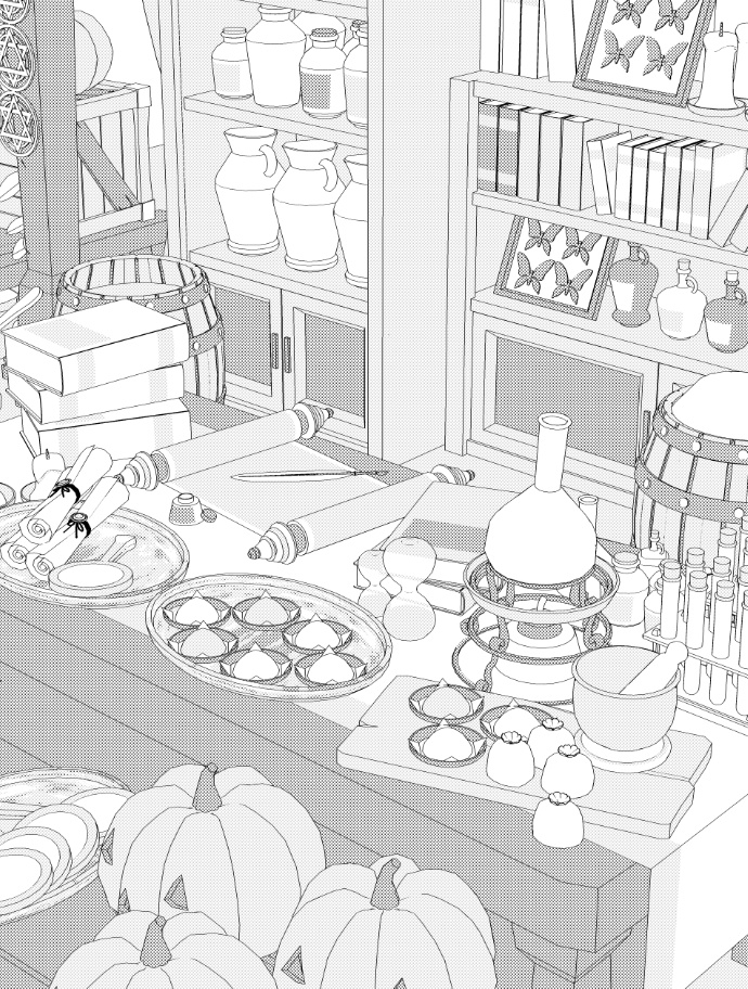 露店4/テント(魔女の店/薬屋/錬金窯/蝋燭 /スクロール/箒/かぼちゃ/樽/他)