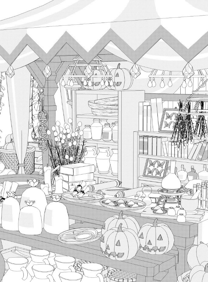 露店4/テント(魔女の店/薬屋/錬金窯/蝋燭 /スクロール/箒/かぼちゃ/樽/他)