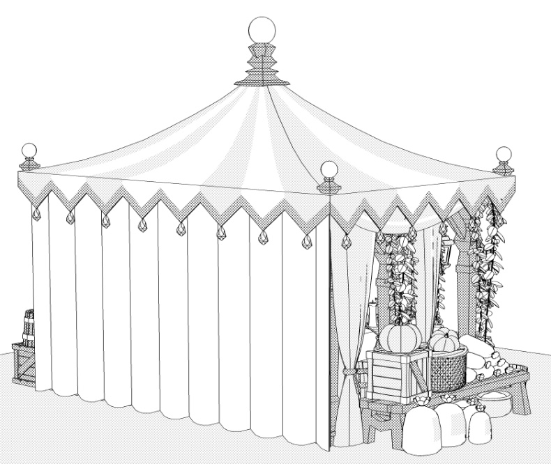 露店4/テント(魔女の店/薬屋/錬金窯/蝋燭 /スクロール/箒/かぼちゃ/樽/他)