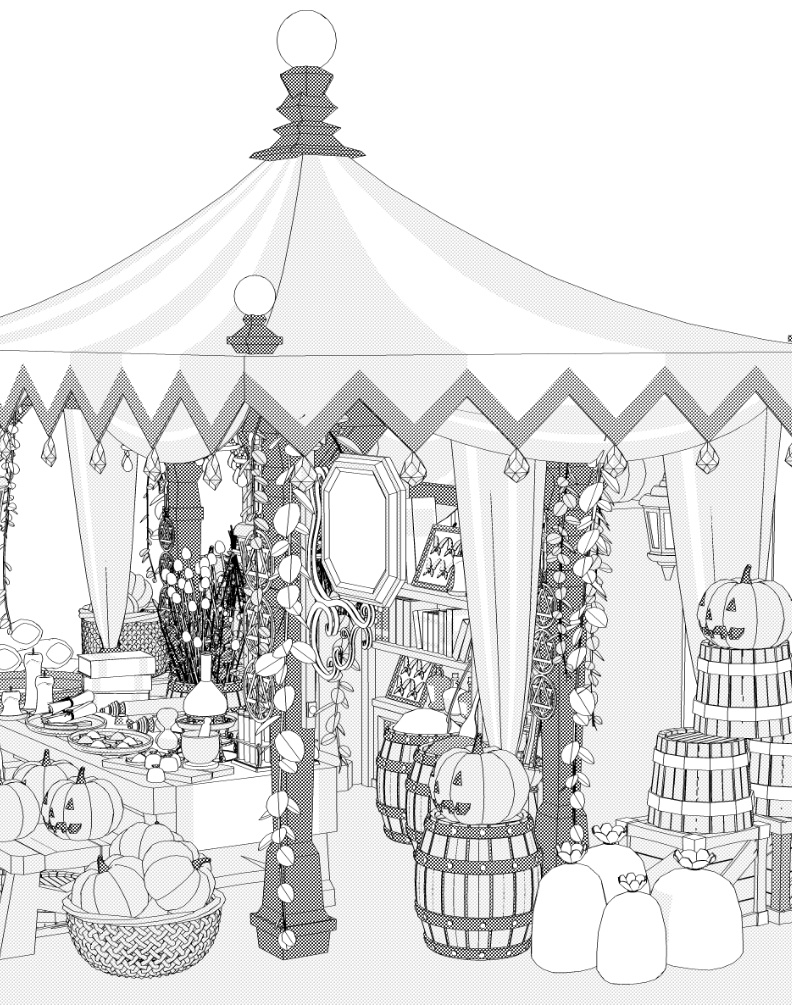 露店4/テント(魔女の店/薬屋/錬金窯/蝋燭 /スクロール/箒/かぼちゃ/樽/他)