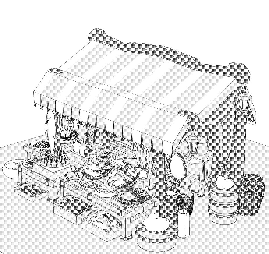 露店6(魚屋/屋台併設/魚多種/貝類/焼き魚/イカ焼き/漬物入/調理道具他)