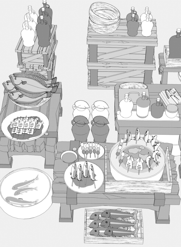 露店6(魚屋/屋台併設/魚多種/貝類/焼き魚/イカ焼き/漬物入/調理道具他)