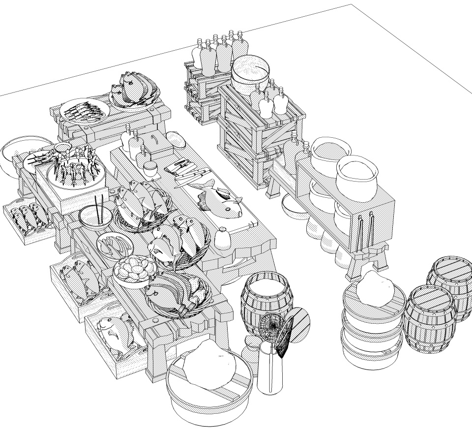 露店6(魚屋/屋台併設/魚多種/貝類/焼き魚/イカ焼き/漬物入/調理道具他)