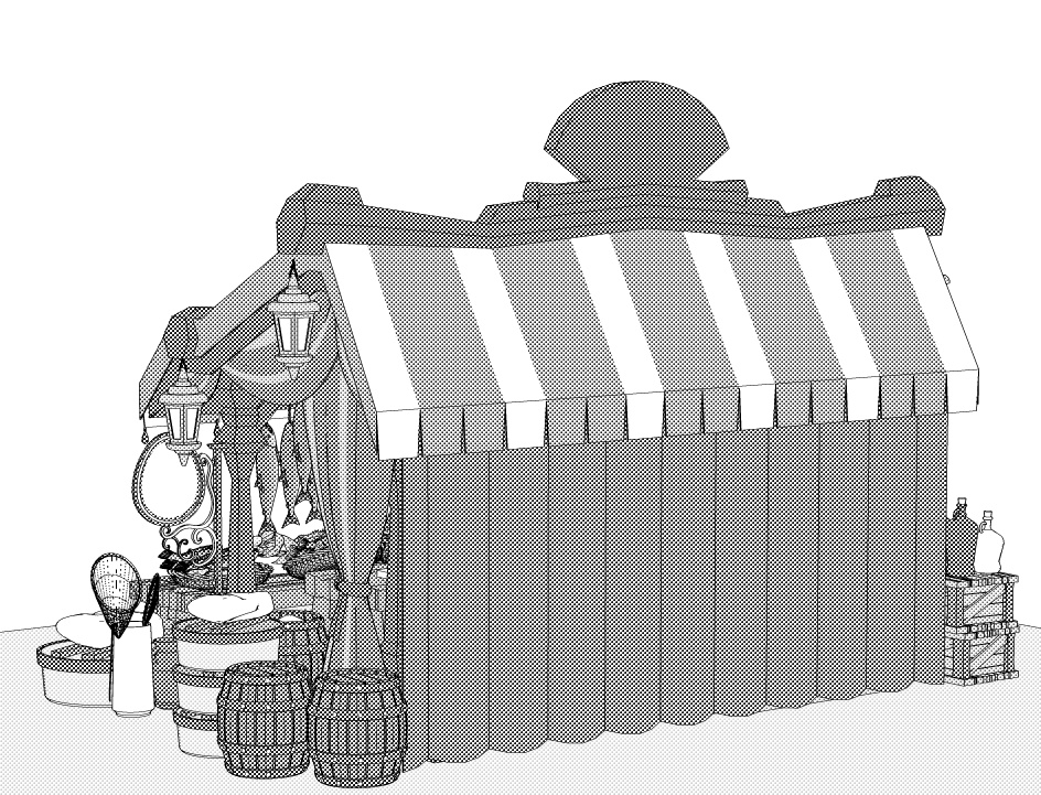 露店6(魚屋/屋台併設/魚多種/貝類/焼き魚/イカ焼き/漬物入/調理道具他)