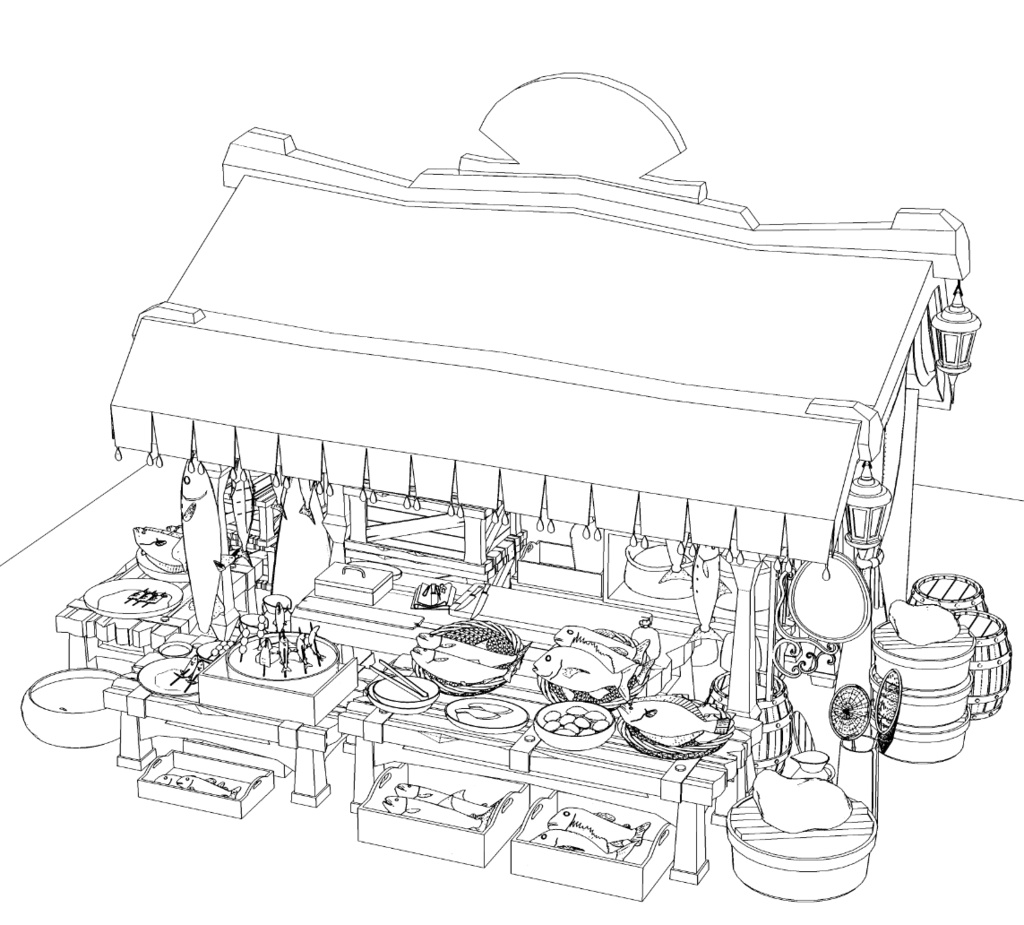 露店6(魚屋/屋台併設/魚多種/貝類/焼き魚/イカ焼き/漬物入/調理道具他)