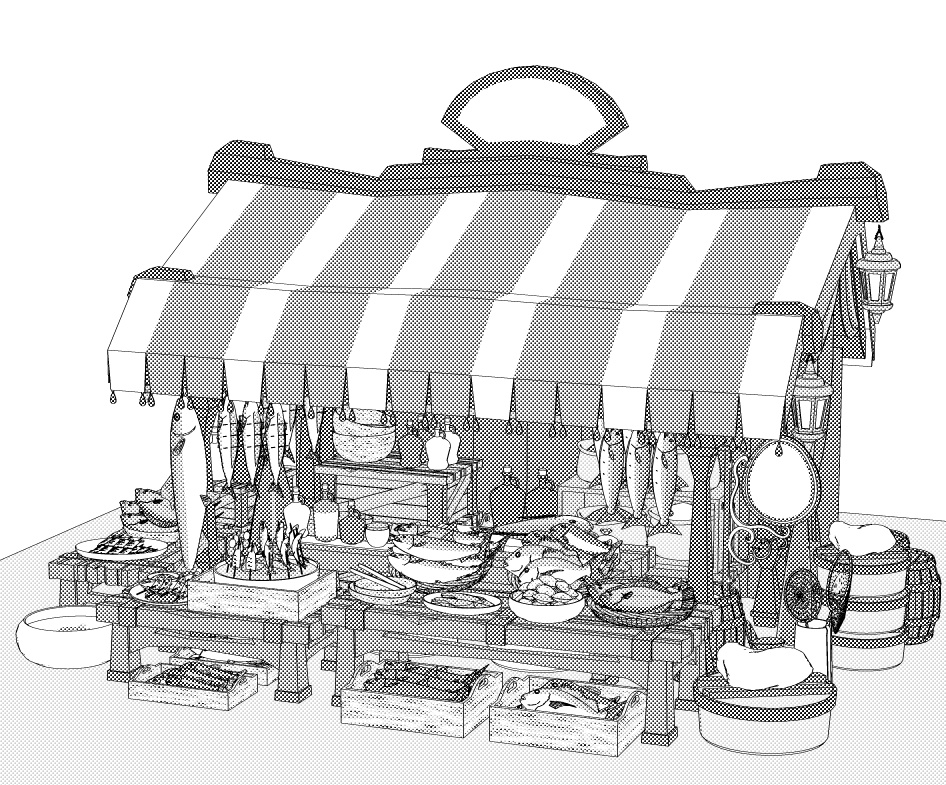 露店6(魚屋/屋台併設/魚多種/貝類/焼き魚/イカ焼き/漬物入/調理道具他)