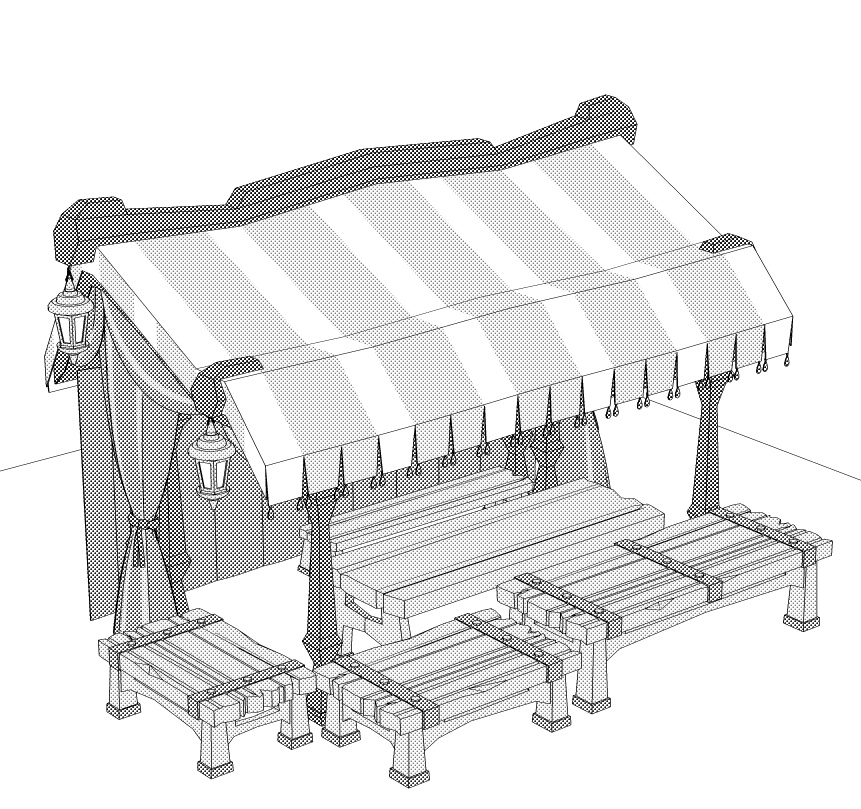 露店6(魚屋/屋台併設/魚多種/貝類/焼き魚/イカ焼き/漬物入/調理道具他)