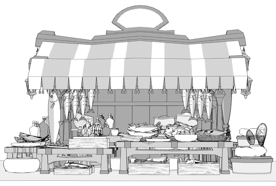 露店6(魚屋/屋台併設/魚多種/貝類/焼き魚/イカ焼き/漬物入/調理道具他)