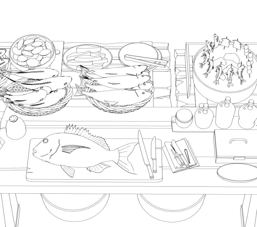 露店6(魚屋/屋台併設/魚多種/貝類/焼き魚/イカ焼き/漬物入/調理道具他)