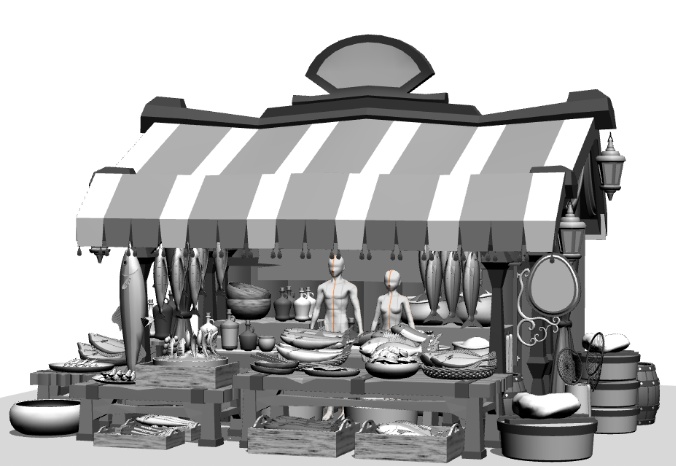 露店6(魚屋/屋台併設/魚多種/貝類/焼き魚/イカ焼き/漬物入/調理道具他)