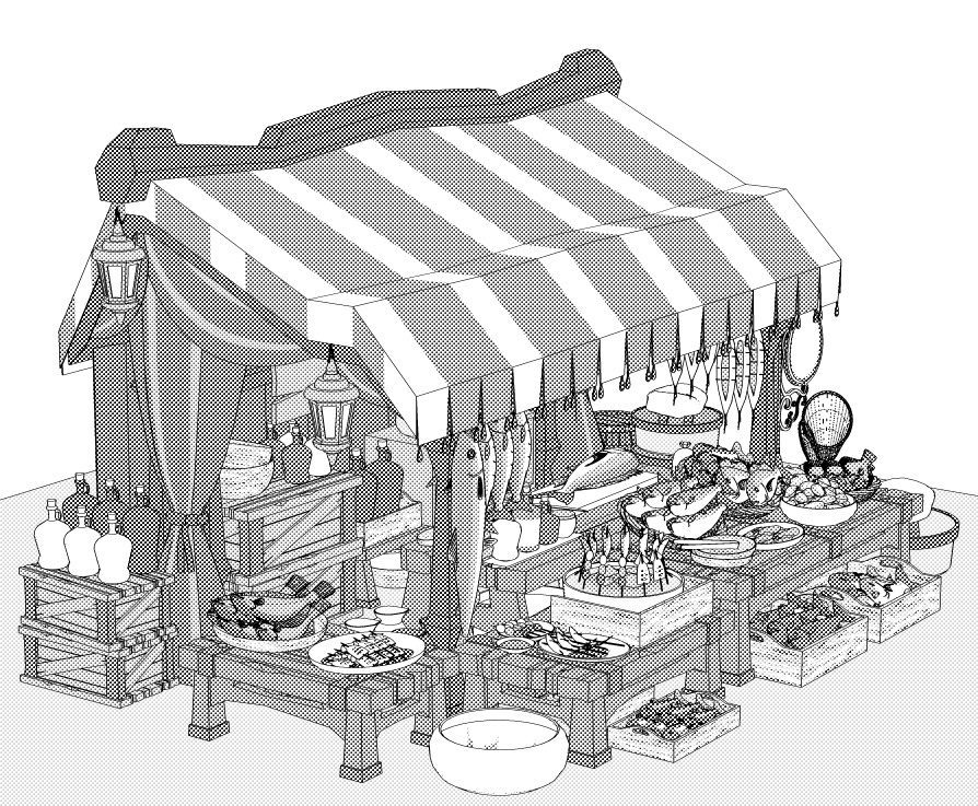 露店6(魚屋/屋台併設/魚多種/貝類/焼き魚/イカ焼き/漬物入/調理道具他)