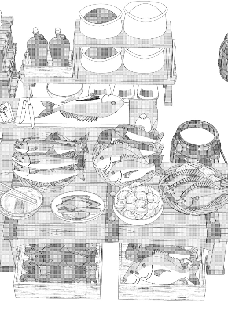 露店6(魚屋/屋台併設/魚多種/貝類/焼き魚/イカ焼き/漬物入/調理道具他)