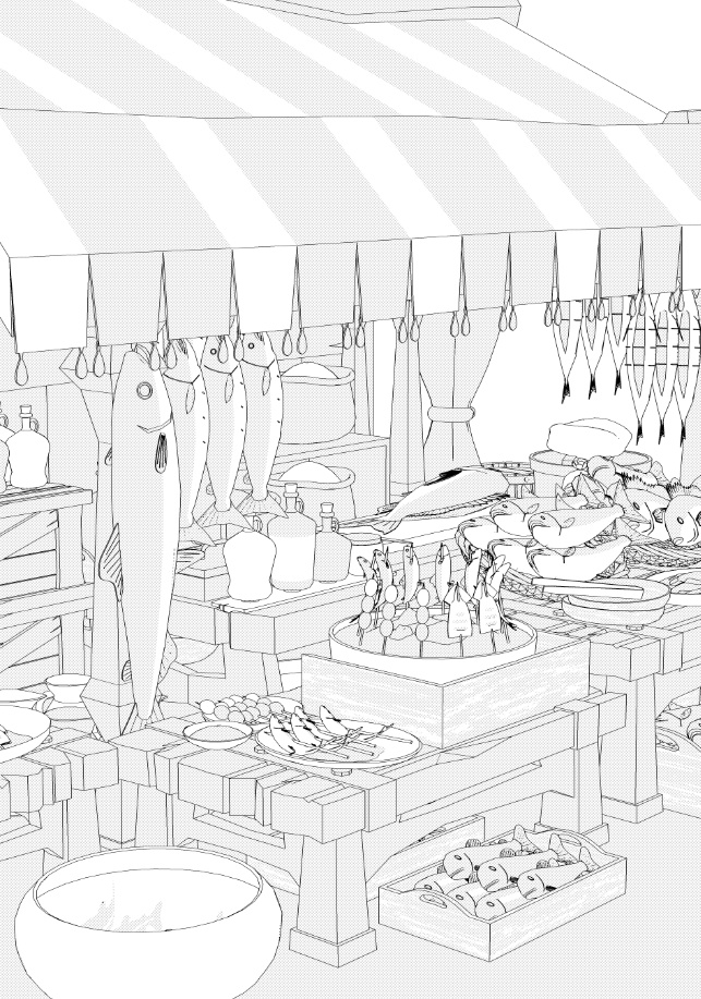 露店6(魚屋/屋台併設/魚多種/貝類/焼き魚/イカ焼き/漬物入/調理道具他)