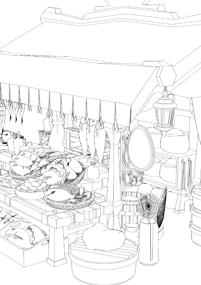 露店6(魚屋/屋台併設/魚多種/貝類/焼き魚/イカ焼き/漬物入/調理道具他)