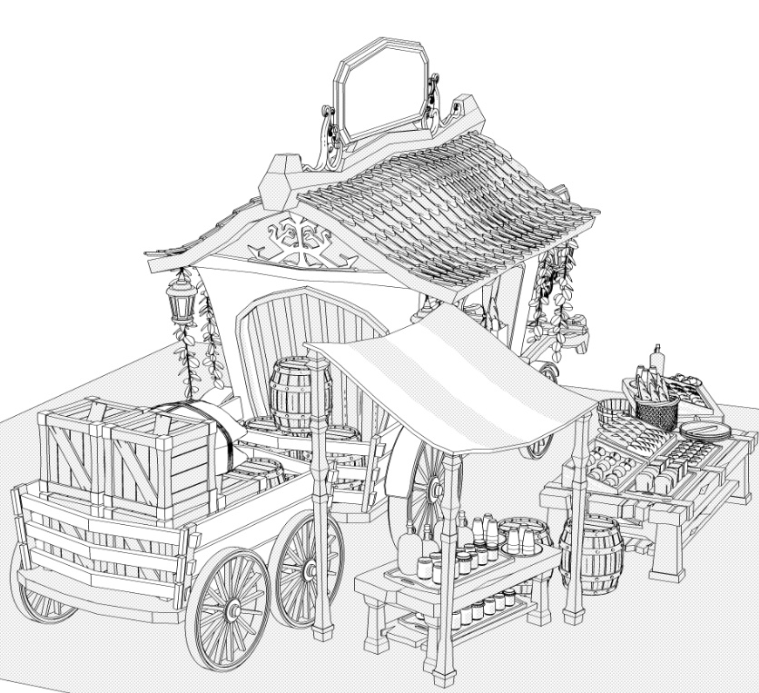 露店7(パン屋/ジャム/ジュース/日よけ/後部荷車小/トング/トレイ/他)