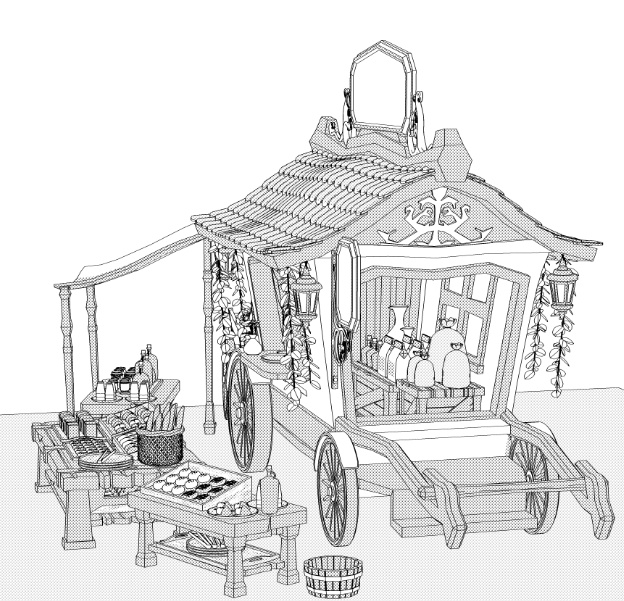 露店7(パン屋/ジャム/ジュース/日よけ/後部荷車小/トング/トレイ/他)