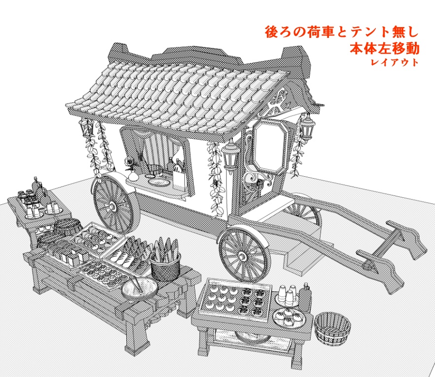 露店7(パン屋/ジャム/ジュース/日よけ/後部荷車小/トング/トレイ/他)