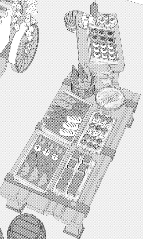 露店7(パン屋/ジャム/ジュース/日よけ/後部荷車小/トング/トレイ/他)