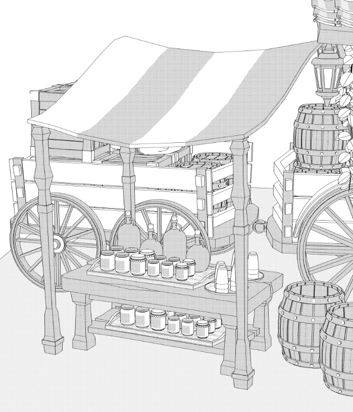 露店7(パン屋/ジャム/ジュース/日よけ/後部荷車小/トング/トレイ/他)