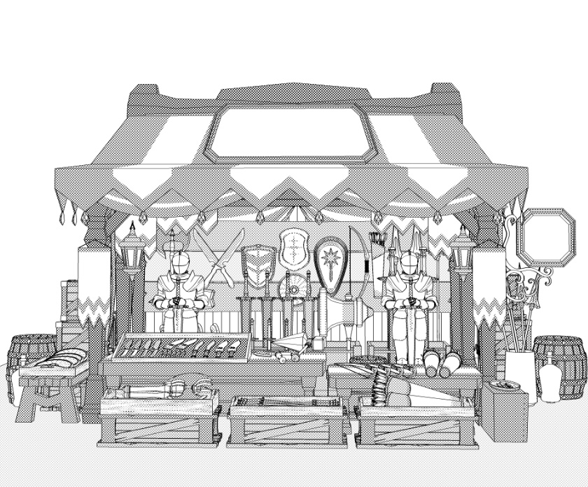 露店9/テント(武器防具屋/剣/盾/斧/槍/ククリ/双剣/弓/矢/ナイフ/甲冑/他)