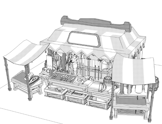 露店9/テント(武器防具屋/剣/盾/斧/槍/ククリ/双剣/弓/矢/ナイフ/甲冑/他)