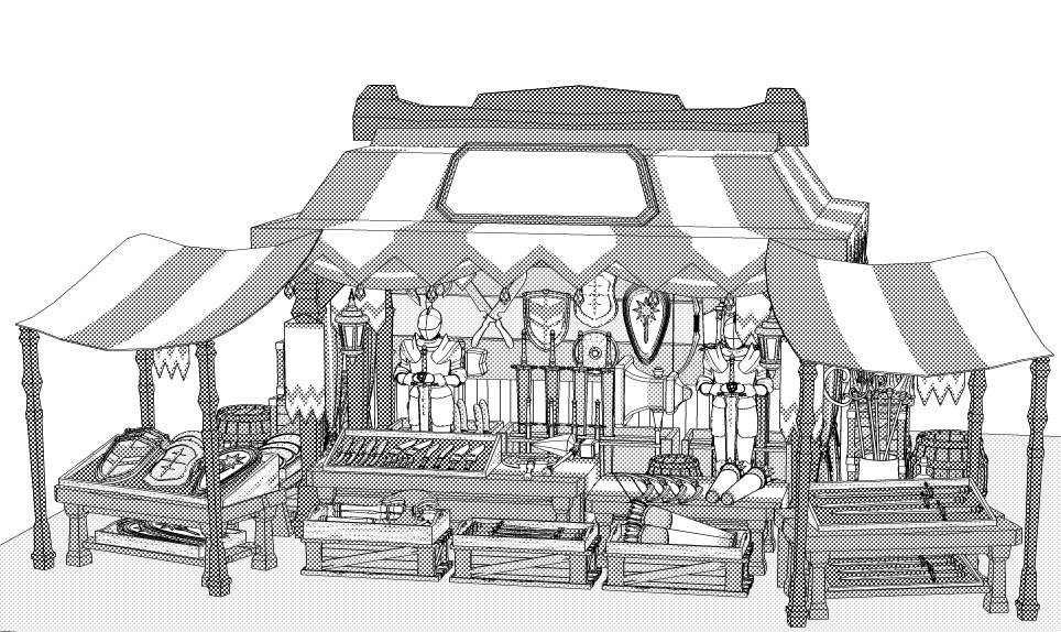 露店9/テント(武器防具屋/剣/盾/斧/槍/ククリ/双剣/弓/矢/ナイフ/甲冑/他)