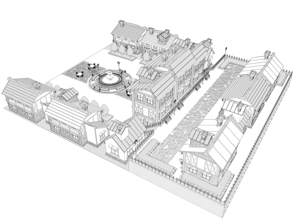 噴水広場/街並み/露店シリーズ(別売)配置可(噴水/家/べンチ/テラス机椅子他)