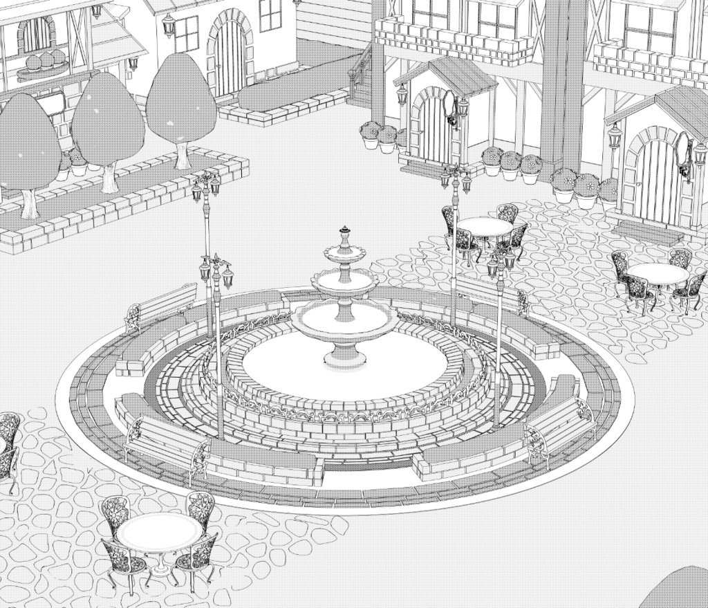 噴水広場/街並み/露店シリーズ(別売)配置可(噴水/家/べンチ/テラス机椅子他)