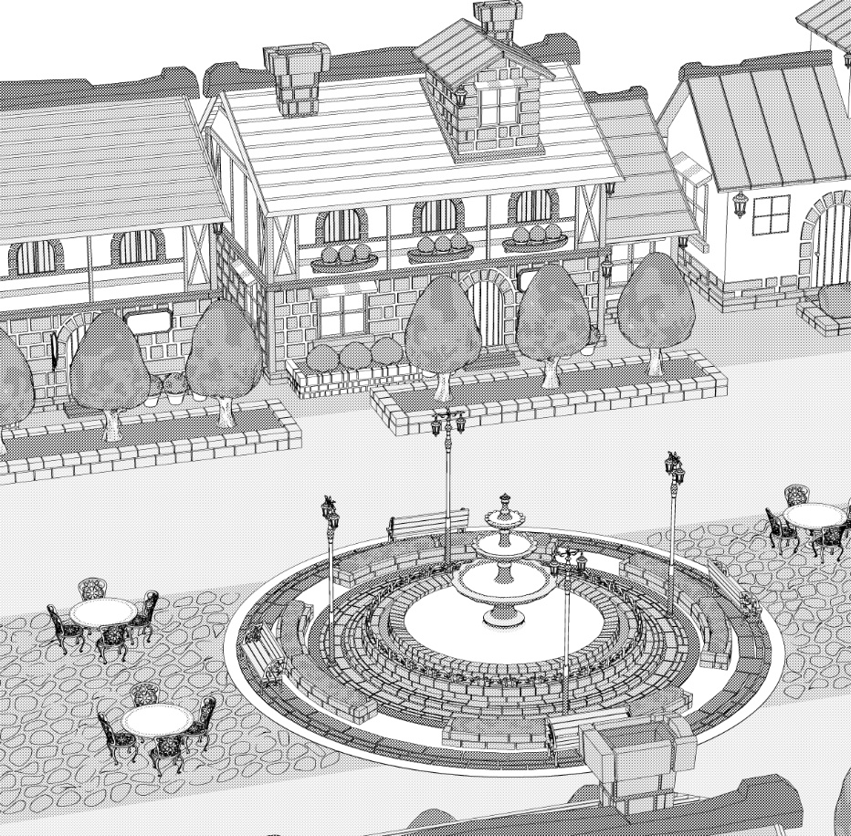 噴水広場/街並み/露店シリーズ(別売)配置可(噴水/家/べンチ/テラス机椅子他)