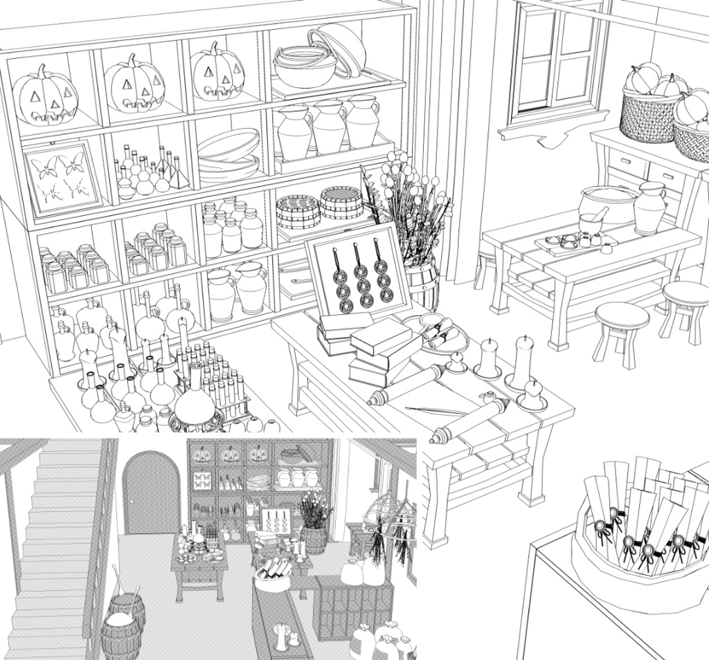 魔女の家店(魔女の店/キッチン/窯/鏡/風呂/洗面台/ベッド/本棚多種/棚/他)