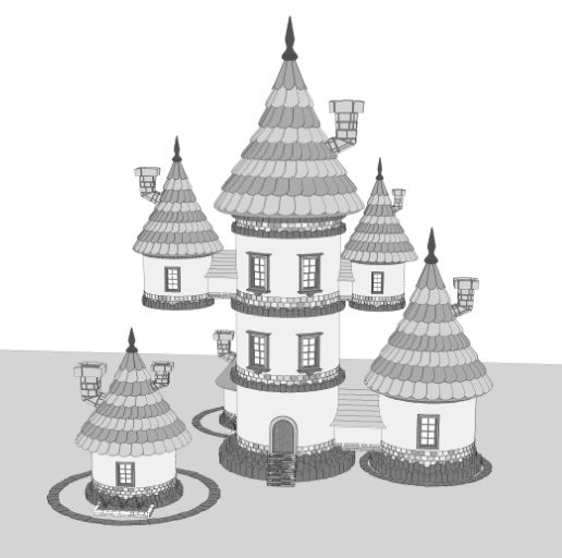 塔/塔の家(三階建て/内部あり/階段/通路/扉/窓/木/柵/煙突/瓦/レンガ)