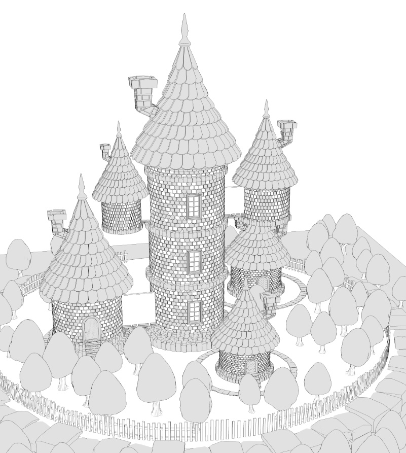 塔/塔の家(三階建て/内部あり/階段/通路/扉/窓/木/柵/煙突/瓦/レンガ)