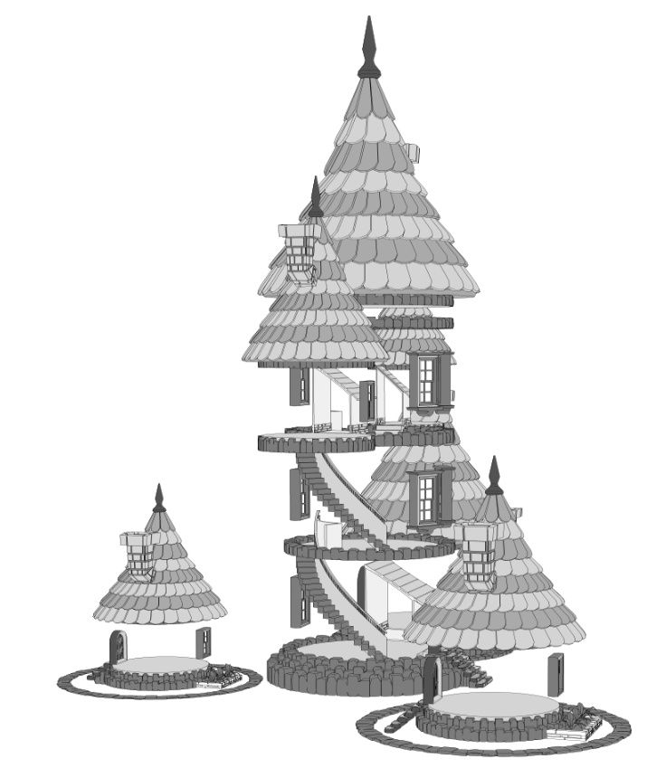 塔/塔の家(三階建て/内部あり/階段/通路/扉/窓/木/柵/煙突/瓦/レンガ)