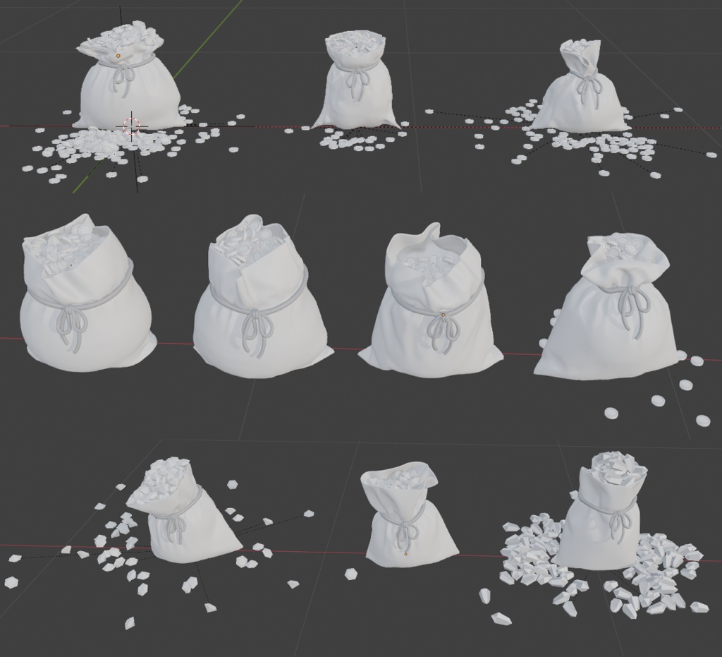 金貨と宝石(ダイヤ&水晶)袋(12種)/金貨と宝石の山(増減可)/袋(3種)