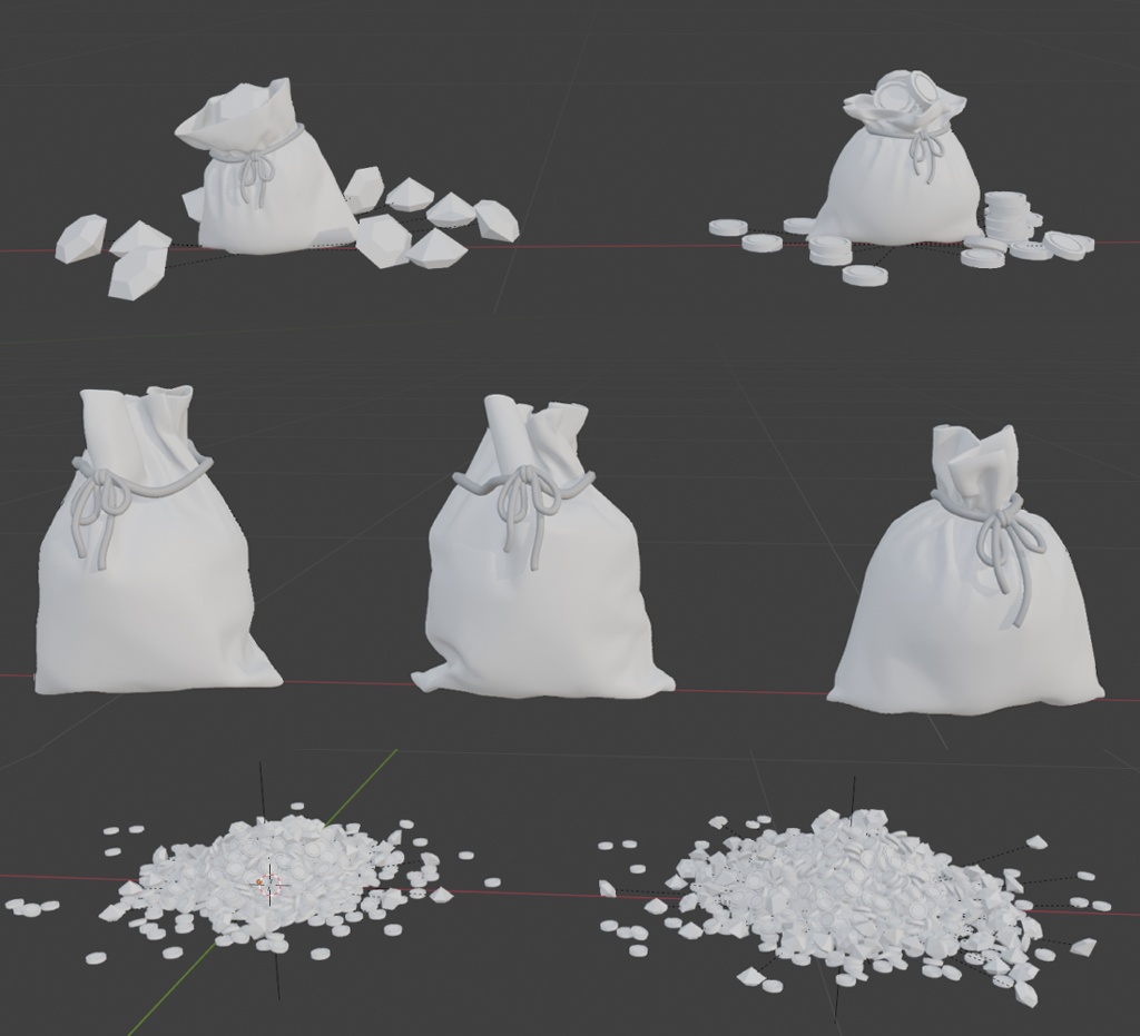 金貨と宝石(ダイヤ&水晶)袋(12種)/金貨と宝石の山(増減可)/袋(3種)