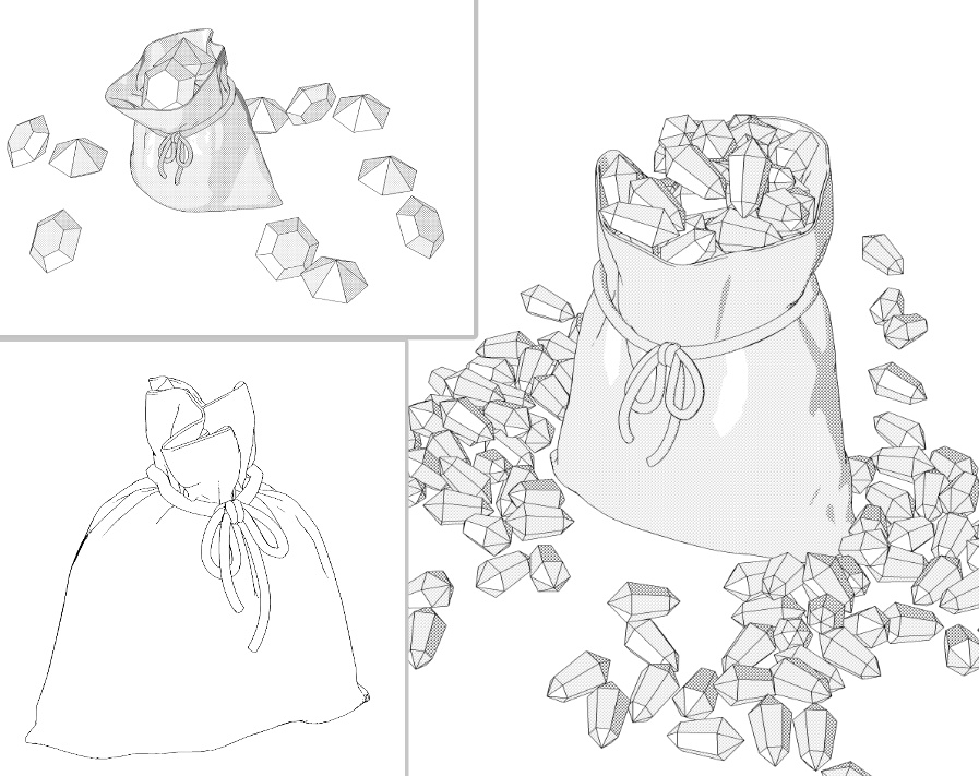 金貨と宝石(ダイヤ&水晶)袋(12種)/金貨と宝石の山(増減可)/袋(3種)