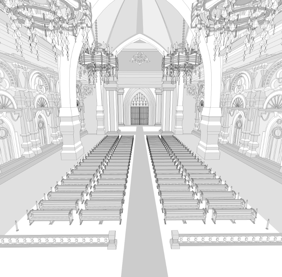 大聖堂/内装あり/講壇/聖堂/シャンデリア/椅子/階段/蝋燭/装飾/他