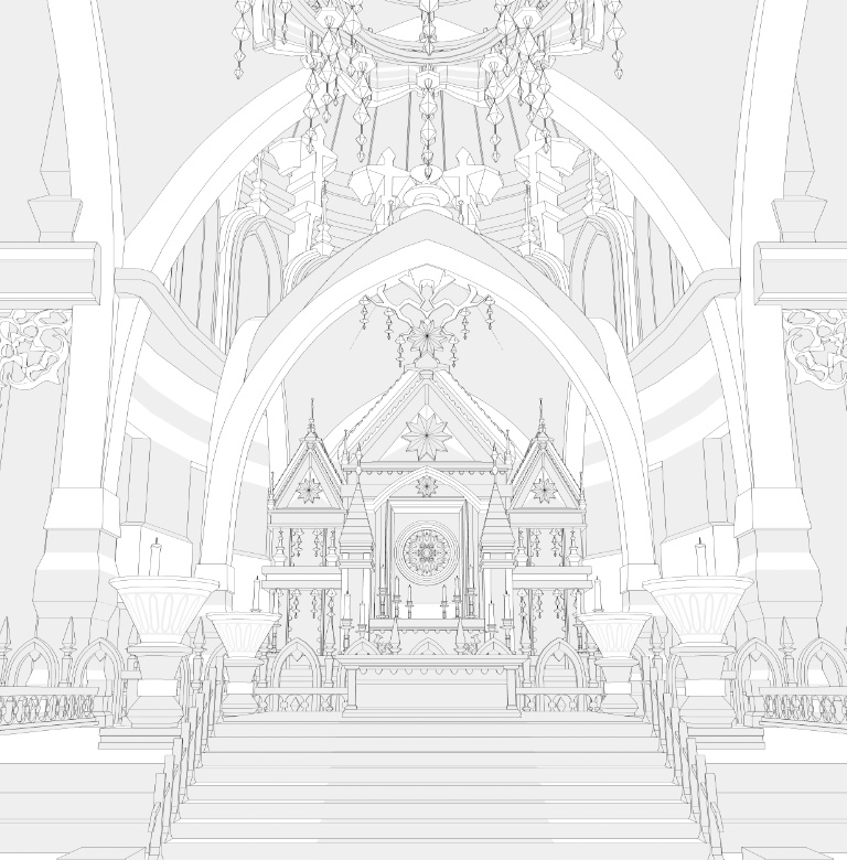 大聖堂/内装あり/講壇/聖堂/シャンデリア/椅子/階段/蝋燭/装飾/他