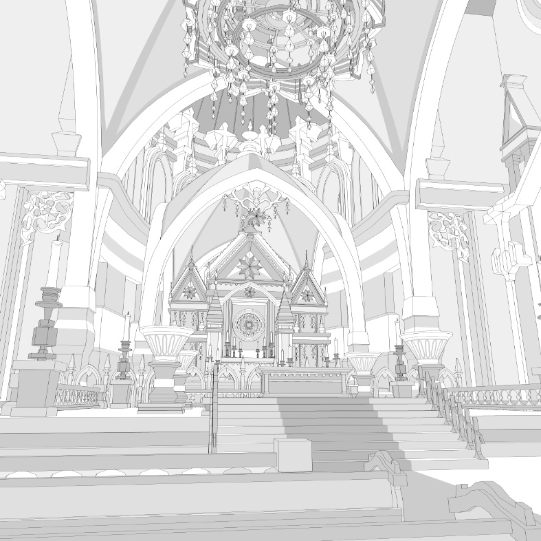 大聖堂/内装あり/講壇/聖堂/シャンデリア/椅子/階段/蝋燭/装飾/他