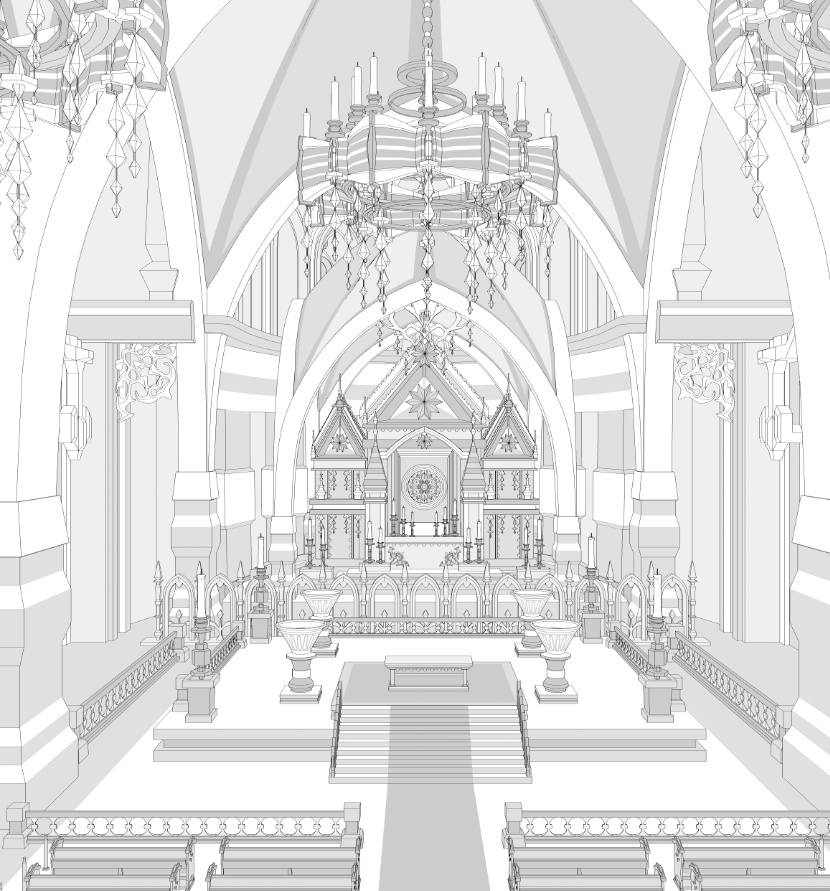 大聖堂/内装あり/講壇/聖堂/シャンデリア/椅子/階段/蝋燭/装飾/他