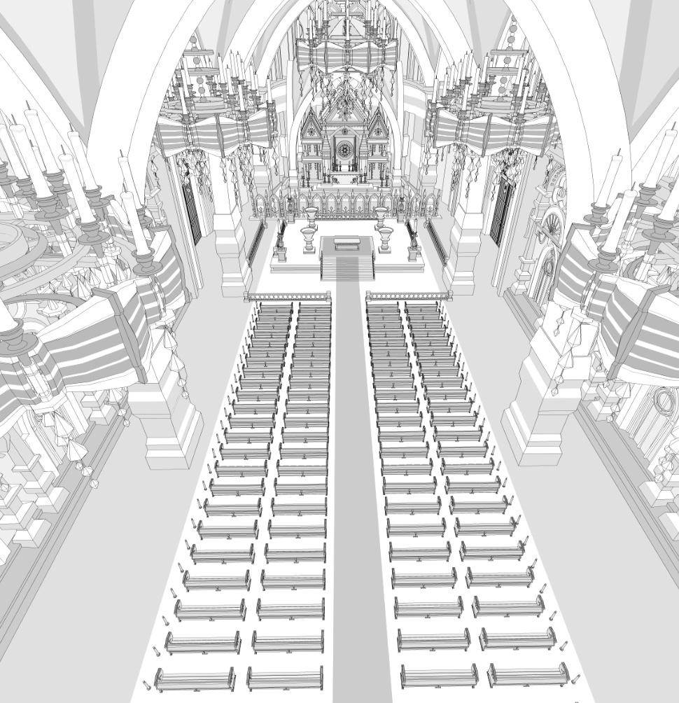 大聖堂/内装あり/講壇/聖堂/シャンデリア/椅子/階段/蝋燭/装飾/他