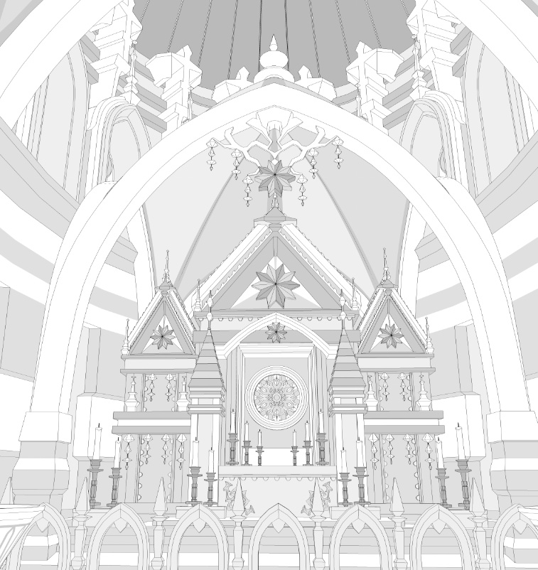 大聖堂/内装あり/講壇/聖堂/シャンデリア/椅子/階段/蝋燭/装飾/他