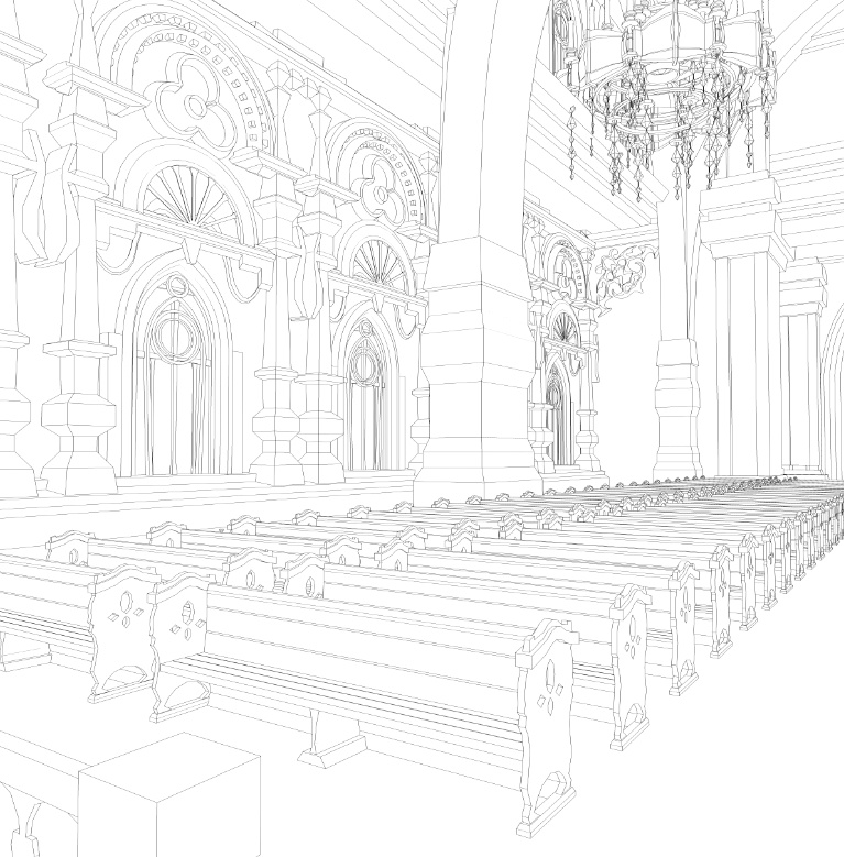 大聖堂/内装あり/講壇/聖堂/シャンデリア/椅子/階段/蝋燭/装飾/他