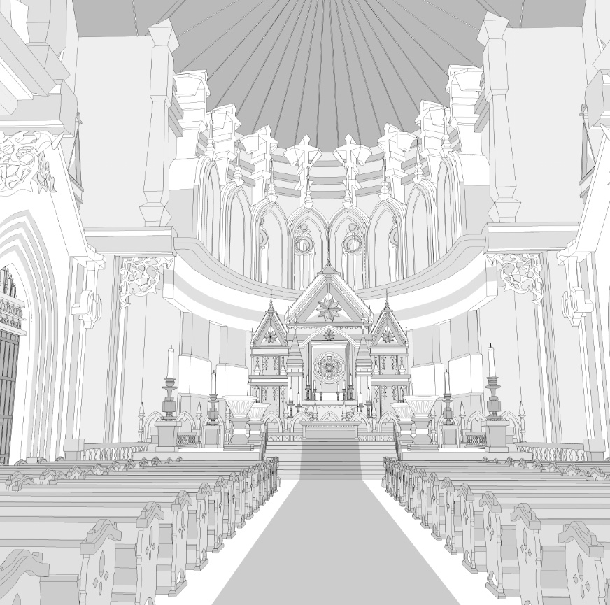 大聖堂/内装あり/講壇/聖堂/シャンデリア/椅子/階段/蝋燭/装飾/他