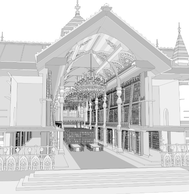 洋館・図書館/内装あり/舞踏会場/シャンデリア/椅子/机/本棚/本/扉/梯子