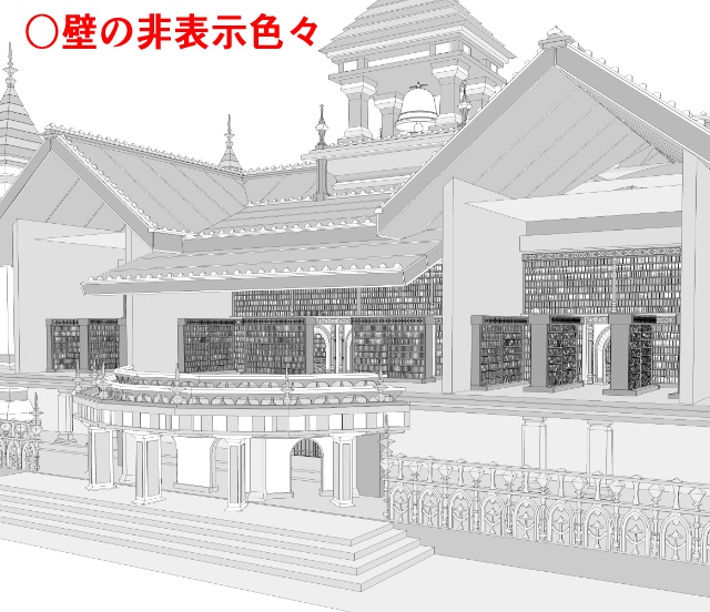 洋館・図書館/内装あり/舞踏会場/シャンデリア/椅子/机/本棚/本/扉/梯子