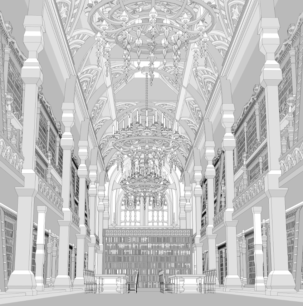 洋館・図書館/内装あり/舞踏会場/シャンデリア/椅子/机/本棚/本/扉/梯子