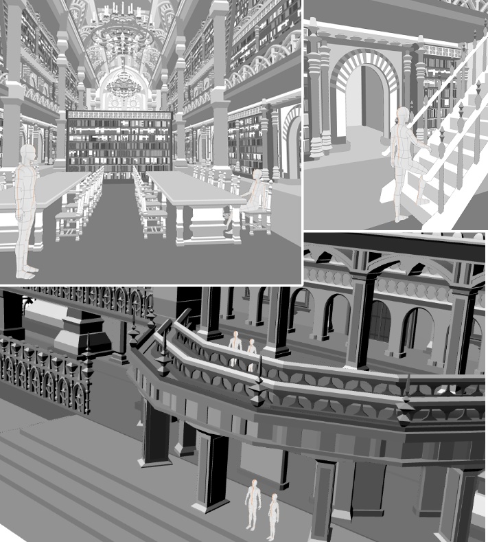 洋館・図書館/内装あり/舞踏会場/シャンデリア/椅子/机/本棚/本/扉/梯子